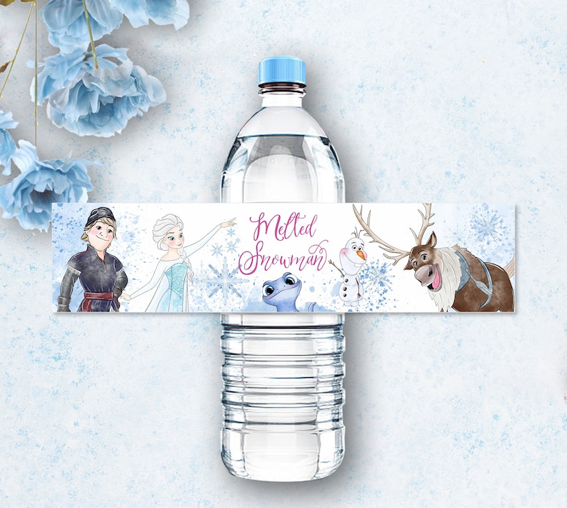 May include: Water bottle label featuring characters from the animated film Frozen. The label is blue and white with snowflakes and the text "Melted Snowman". The characters include Elsa, Anna, Olaf, and Sven.