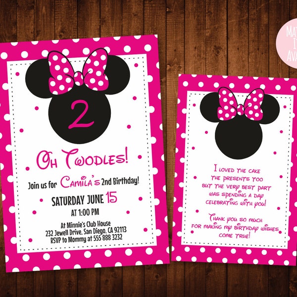 Minnie Mouse Invitation girl, Oh Two-dles Birthday party, 2nd birthday invitations, Oh Twodles, second birthday girl, hot pink