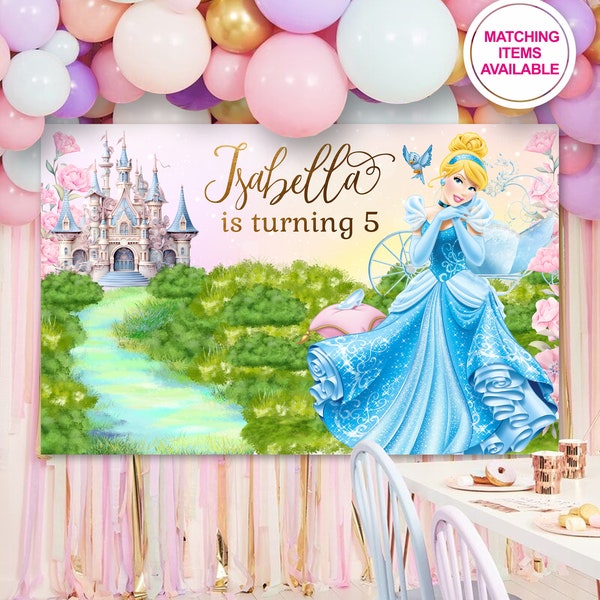 Toile de fond Cendrillon, décoration murale d'anniversaire, toile de fond princesse, sticker mural en vinyle, toile de fond imprimable personnalisée