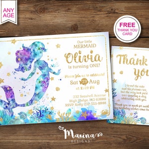 Mermaid 1st Birthday One-der the sea Invitation girl printable, Mermaid Party Invite oneder the sea,  Under the Sea