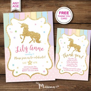 Unicorn rainbow pastel invite, First 1st Birthday party Invitation, Favor tags Unicorn party labels