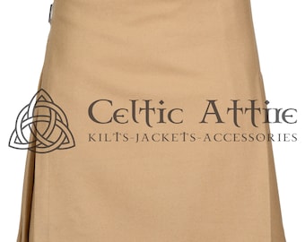 May include: A tan kilt with pleats and a buckle closure. The kilt is made of a thick, durable fabric. The kilt is a traditional Scottish garment.