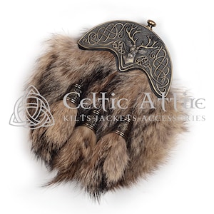 Premium Handmade Scottish Full Dress Sporran and Chain Strap - KILT SPORRAN - Black Leather - Brass Stag Head Cantle and Tassels