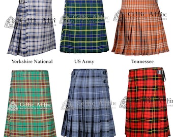 May include: Six different kilt designs, each with a unique tartan pattern. The kilts are arranged in two rows of three, with the names of each design below them. The designs are: Yorkshire National, US Army, Tennessee, Tara Murphy, Hamilton Grey, and Wallace.