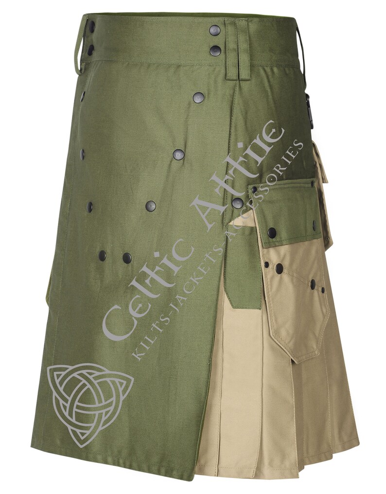 Op de afbeelding: Een groene en bruine utility kilt met meerdere zakken en een Keltisch knoopontwerp. De kilt heeft een gespsluiting en is gemaakt van een duurzame stof.