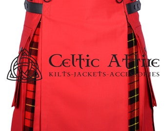 May include: A red kilt with black leather straps and buckles. The kilt has a tartan panel on the side with red, black, and yellow stripes. The kilt is made by Celtic Attire, a company that sells kilts, jackets, and accessories.