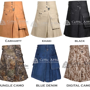 Pode incluir: Seis kilts utilitários diferentes em várias cores e padrões. Os kilts são feitos de tecido durável e possuem vários bolsos. As cores incluem preto, cáqui, marrom, jeans azul, camuflagem e camuflagem digital.