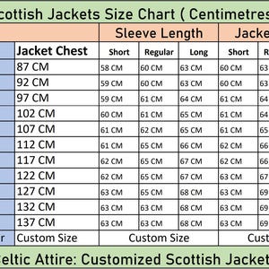 Scottish Jackets size Chart