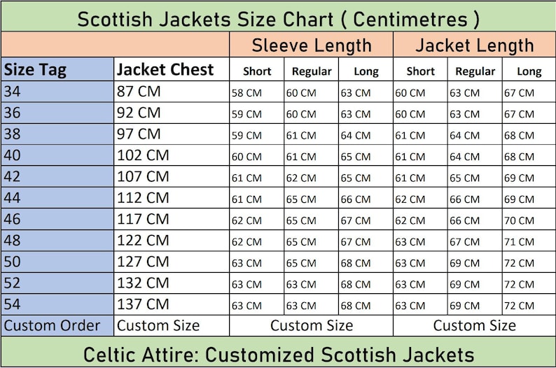 Scottish Jackets size Chart