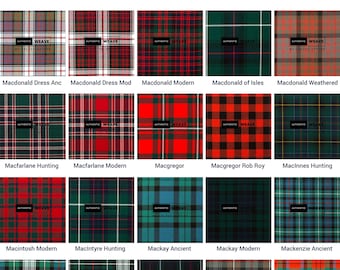 Könnte beinhalten: Eine Anordnung von Tartan-Stoffmustern in verschiedenen Farben und Mustern. Jedes Muster ist mit einem schottischen Clannamen versehen, wie z. B. "Macintosh Modern" und "Macbean Modern". Die Muster weisen eine Vielzahl von Farben auf, darunter Grün, Rot, Blau und Gelb.