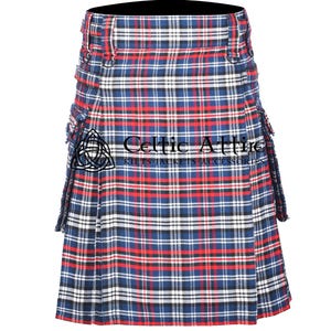 Celtic Niagara Tartan Utility Kilt - Scottish Highlander 16 Oz Modern Cargo Pockets Kilt for Men - Tactical Hunting Camping Sport Kilt