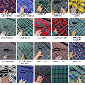 May include: A collection of 16 different tartan fabrics, each with a unique pattern and color combination. The fabrics are displayed in a grid format, with each fabric labeled with its corresponding clan name. The fabrics are all made of high-quality wool and are perfect for a variety of projects, including kilts, scarves, and blankets.