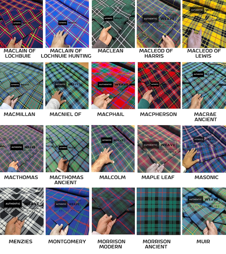 May include: A collection of 16 different tartan fabrics, each with a unique pattern and color combination. The fabrics are displayed in a grid format, with each fabric labeled with its corresponding clan name. The fabrics are all made of high-quality wool and are perfect for a variety of projects, including kilts, scarves, and blankets.