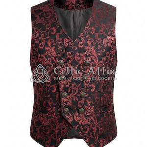 May include: A double-breasted waistcoat featuring a black and red floral brocade pattern with six metallic buttons. The garment displays the text Celtic Attire KILTS JACKETS ACCESSORIES with a triquetra symbol overlaid on the front fabric.