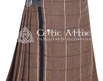 Scottish 8 Yard Kilt For Men - 16 Oz Brown Plaid Tweed Traditional Highlander Kilt - Made to Order Premium Handmade Kilt