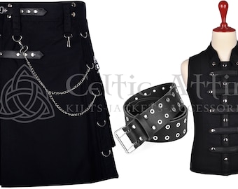 Gothic Kilt Value Pack - Premium Schwarzer Baumwoll-Utility Kilt - Punk Rock - Free Weste - Leder Kilt Gürtel - Custom Made - Cyber Goth