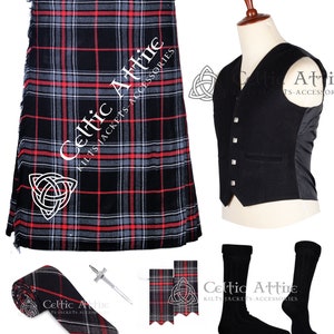 Skotsk tartankilt, 8 yards, svart väst, kiltstrumpor, kiltnål, tartanslips, flashar, kiltset med 6 delar, 16 oz tartankilt, specialdesignad