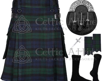 Scottish Tartan Utility Kilt Package - 16 Oz Tartan Highlander Kilt - Black Kilt Socks - Full Dress Sporran - Kilt Pin - Tartan Flashes