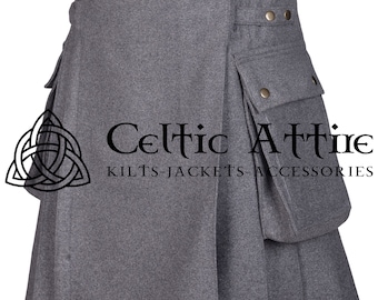 KILT utilitaire écossais en laine grise - fabriqué sur commande - fait main de qualité supérieure - vraie laine 16 Oz - kilt Highlander pour homme - kilt cargo