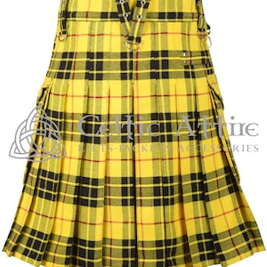 May include: A yellow and black tartan kilt with red accents. The kilt has a pleated design and is made of a woven fabric. It has a belt with buckles and a strap with eyelets.