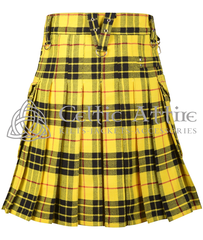 May include: A yellow and black tartan kilt with red accents. The kilt has a pleated design and is made of a woven fabric. It has a belt with buckles and a strap with eyelets.