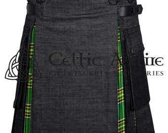 May include: A black denim kilt with green and yellow plaid accents. The kilt has a cargo pocket on the right side and a buckle closure.