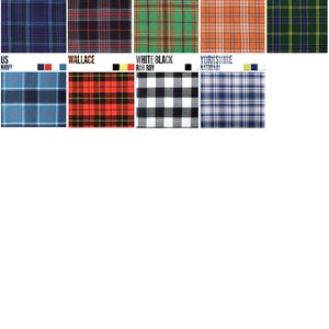 May include: A collection of plaid fabric swatches in various colors and patterns, including blue, green, red, black, white, and orange. The swatches are labeled with names like "Spirit of Scotland", "Spirit of Bruce", "Tara Murphy", "Tennessee", "US Army", "US Navy", "Wallace", "White Black Rob Roy", and "Yorkshire National".
