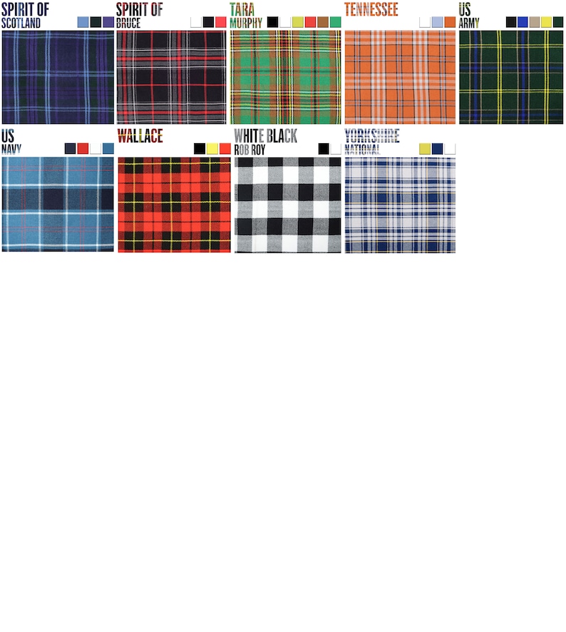 May include: A collection of plaid fabric swatches in various colors and patterns, including blue, green, red, black, white, and orange. The swatches are labeled with names like "Spirit of Scotland", "Spirit of Bruce", "Tara Murphy", "Tennessee", "US Army", "US Navy", "Wallace", "White Black Rob Roy", and "Yorkshire National".