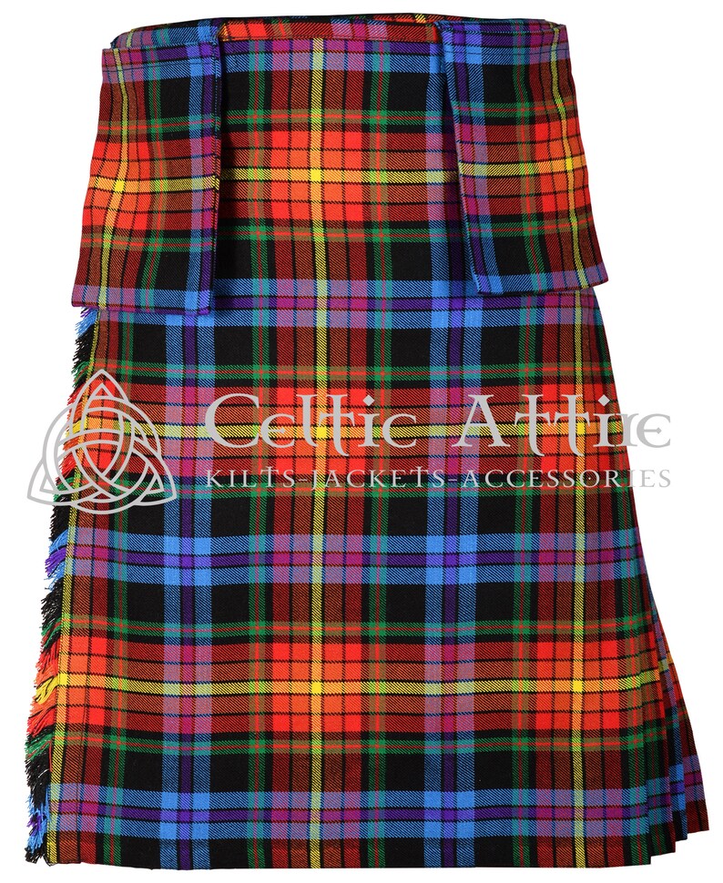 May include: A traditional kilt with a colorful tartan pattern in shades of red, yellow, blue, green, and purple. The kilt has a black base and features a fringe at the bottom. The text "Celtic Attire Kilts - Jackets - Accessories" is visible at the bottom of the image.