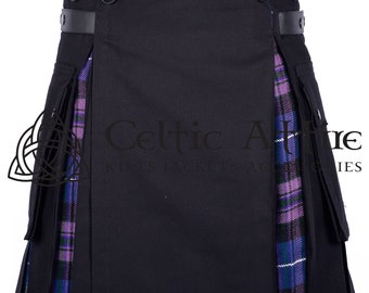 Premium - Handgefertigt - Schottischer Hybrid UTILITY KILT für Männer - Schwarze Baumwolle & Pride of Scotland Tartan