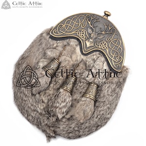 Premium Handmade Scottish Full Dress Sporran - KILT SPORRAN - Black Leather - Brown Real Rabbit Fur - Brass Stag Head Cantle and Tassels