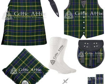 Scottish Traditional 8 Yard Tartan Kilt With Free Shipping and 9 Accessories - Kilt Pin - Fly - Vest - Brooch - Socks - Sporran - Sgian Dubh