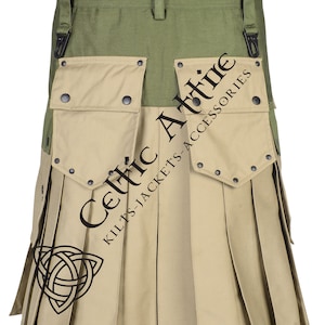 Op de afbeelding: Een utility kilt met een kaki onderkant en een groene bovenkant. De kilt heeft meerdere zakken en een gespsluiting.