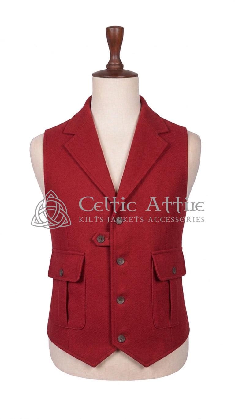Tweed Waistcoat – Herringbone Wool Vest, 4-button, Kilt, Peaky