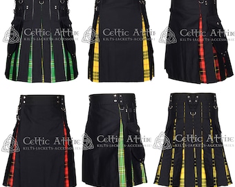 May include: Six black utility kilts with different tartan panels. The kilts have multiple buckles and straps around the waist and pockets on the sides. The tartan panels are red, green, yellow, and black.