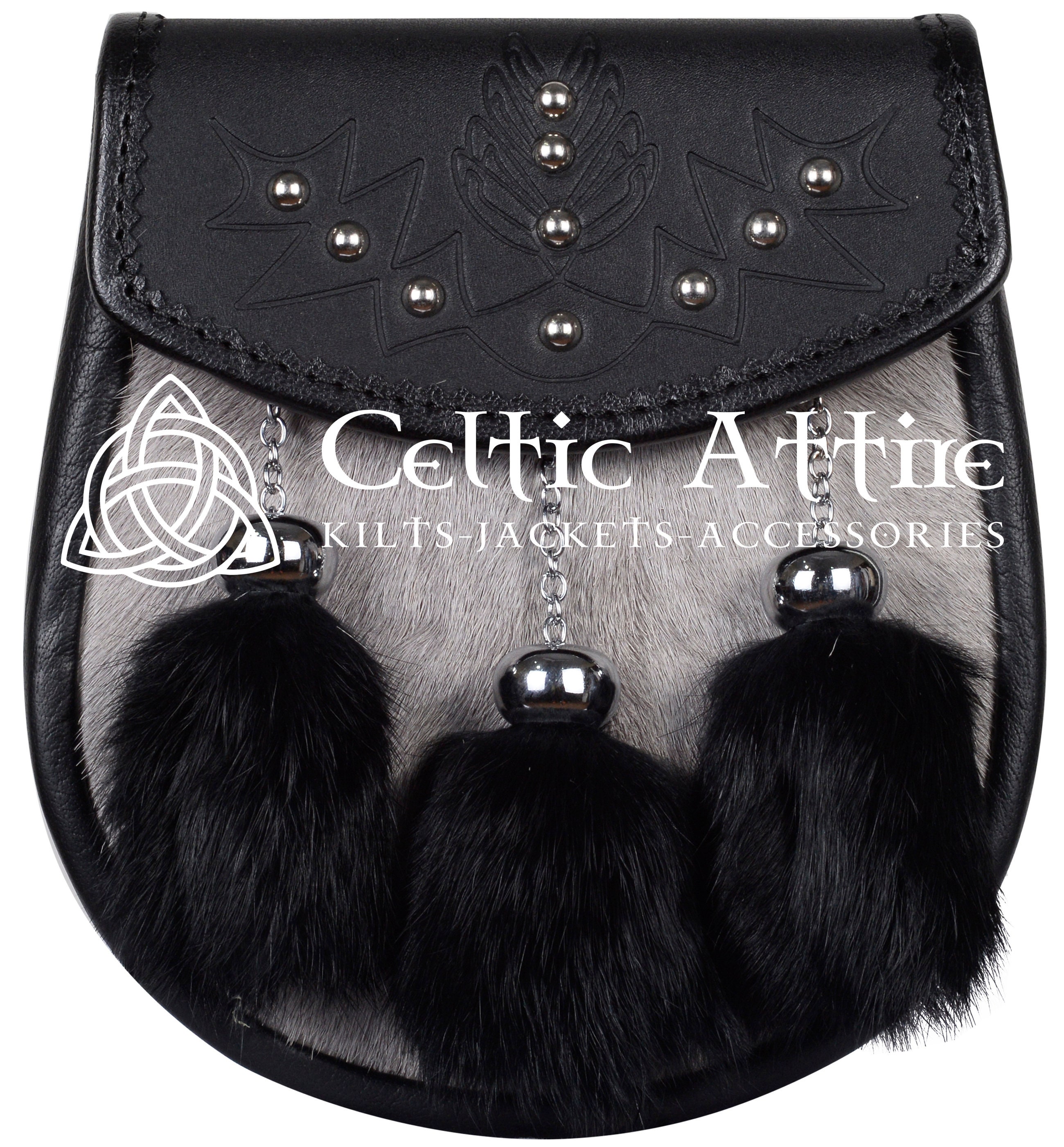 Kilt Mania Sporran Scozzese Da Uomo – Pelliccia Nera Con Cardo In Peltro Antico – Cintura A Catena In Pelle – Accessorio Highland