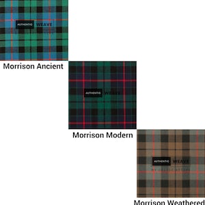 May include: Three samples of tartan fabric in the Morrison pattern. The top sample is Morrison Ancient, with green, blue, and black checks. The middle sample is Morrison Modern, with green, red, and black checks. The bottom sample is Morrison Weathered, with brown, gray, and red checks.
