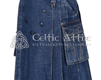 May include: A dark blue denim kilt featuring a pleated design, a waistband with belt loops, and multiple dark metal snap buttons. The garment includes a large side cargo pocket with decorative stitching and a small black metal clip attachment.