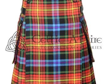 May include: A colorful kilt with a black, red, yellow, blue, and green plaid pattern. The kilt has a leather strap and buckle on the side.