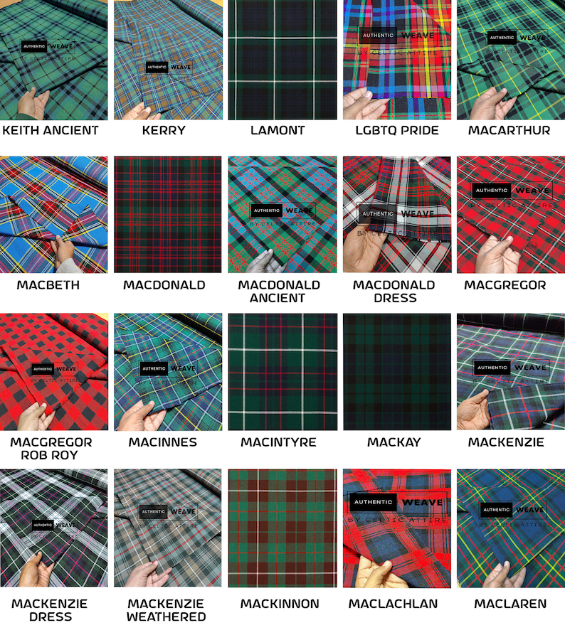 May include: A collection of 20 different tartan fabrics, each with a unique color combination and pattern. The fabrics are arranged in a grid, with each fabric labeled with its name.