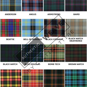 Peut inclure: Un tableau de 12 motifs de tartans diff&eacute;rents, chacun avec un nom en dessous. Les tartans sont tous des variations de rouge, vert, bleu, noir et jaune.