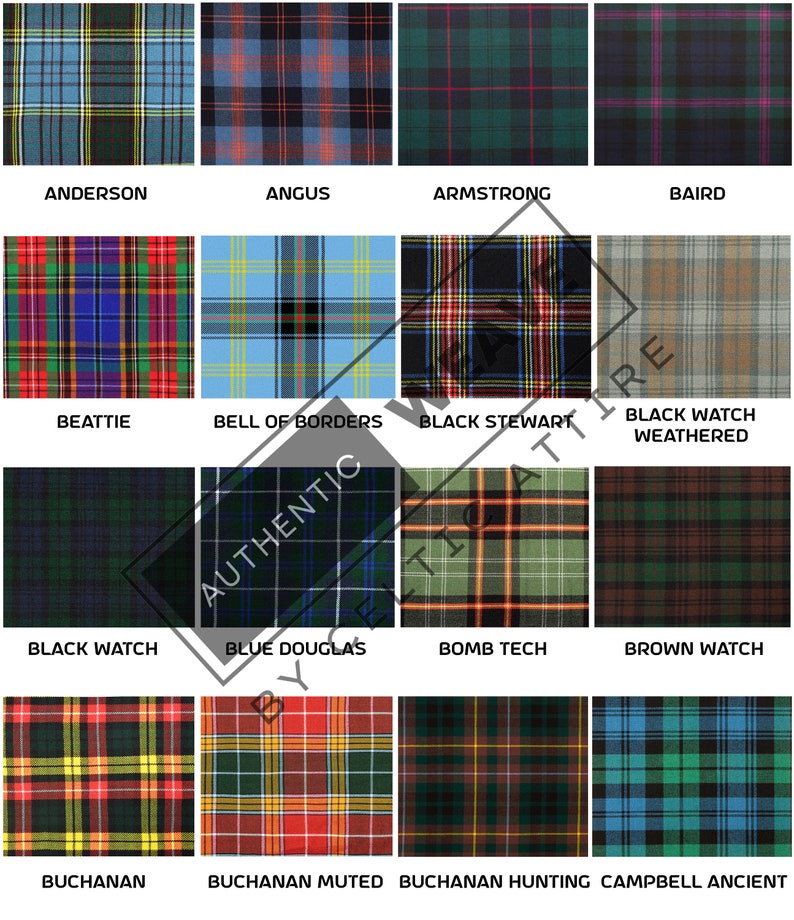 Peut inclure: Un tableau de 12 motifs de tartans diff&eacute;rents, chacun avec un nom en dessous. Les tartans sont tous des variations de rouge, vert, bleu, noir et jaune.
