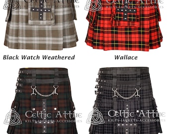May include: Four different kilt styles with black leather straps and buckles, a silver chain, and a studded pocket. The kilts are in the following patterns: Black Watch Weathered, Wallace, Brown Watch, and Grey Watch.