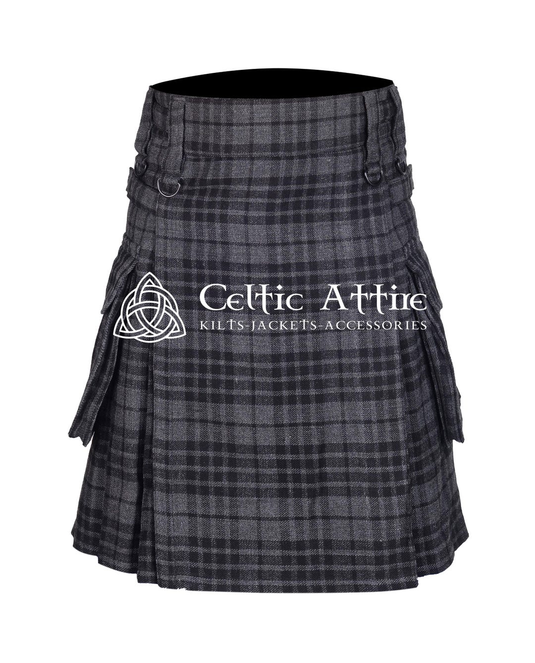 Sort Kalot Gray Watch Tartan Utility Kilt - Scottish Highlander 16 Oz Modern Cargo ...