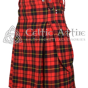 May include: A red, black, and yellow tartan kilt with a utility pocket on the side. The kilt has a buckle and strap closure at the waist. The kilt is made of a woven fabric and has a pleated design. The kilt is a traditional Scottish garment.