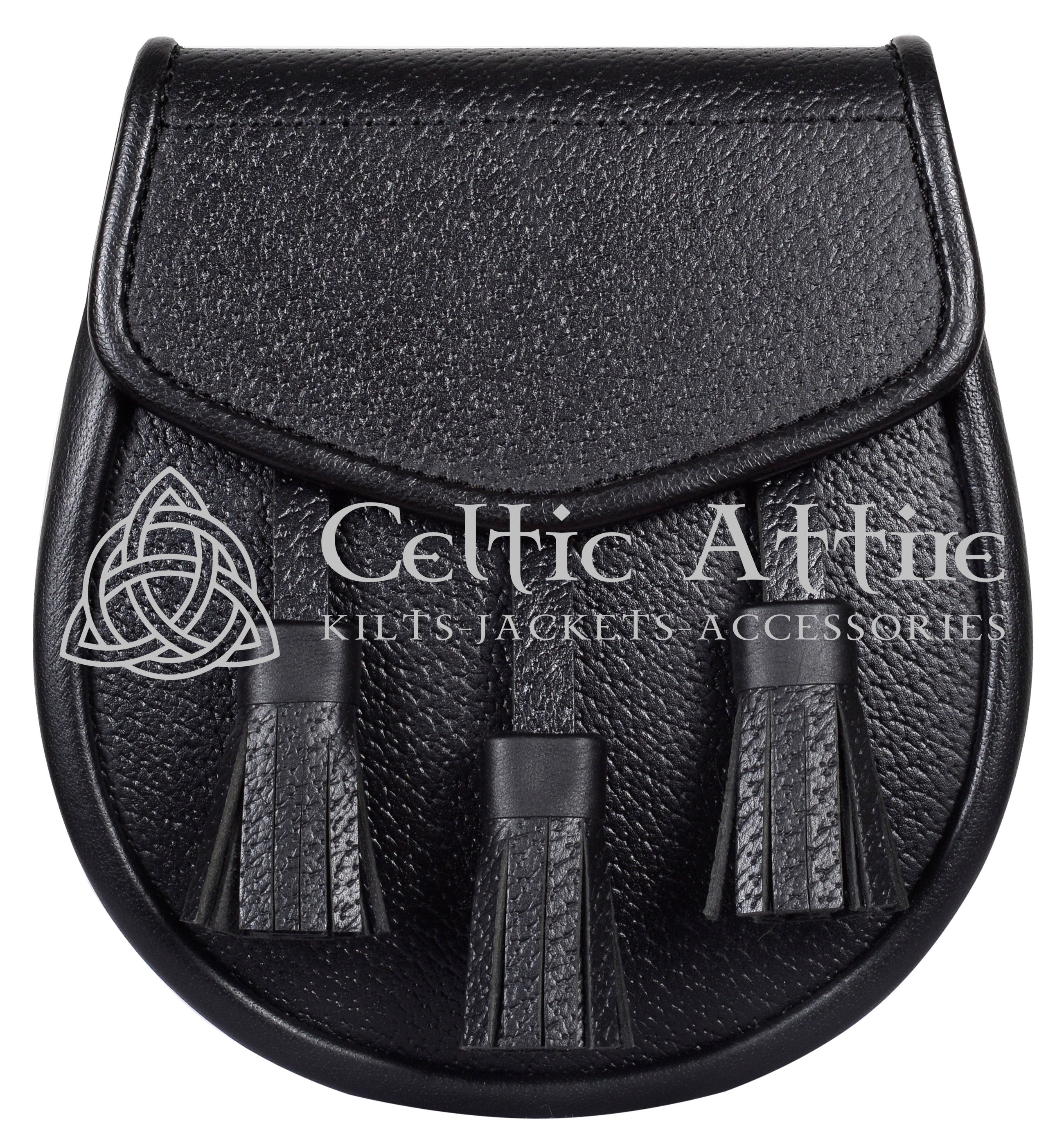 Scottish Kilt Day Sporran Black Leather Highland Cow Badge in Polished Finish