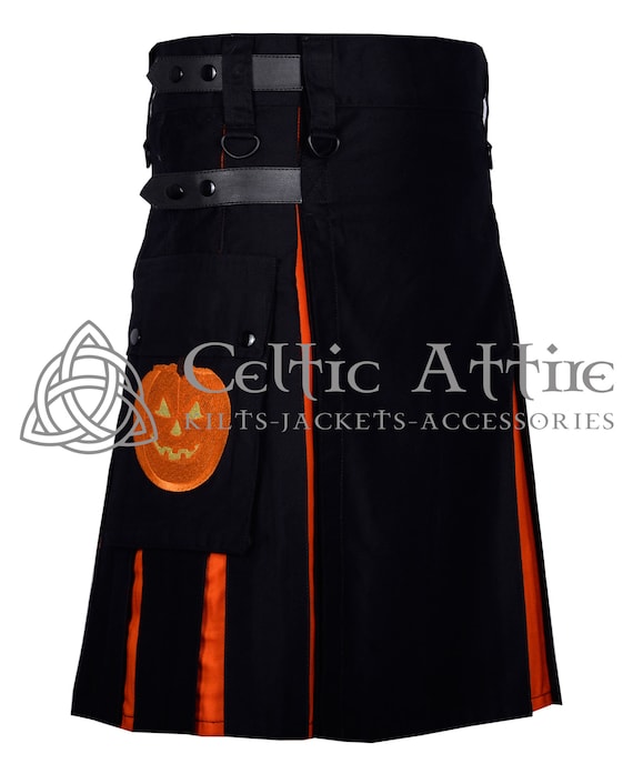 Halloween Theme Black Cotton Gothic Kilt With Pumpkin | Etsy