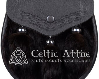 Premium handgefertigt - schottische Nantide KILT SPORRAN - schwarzes Leder & Kaninchen Fell - keltische geprägte Klappe