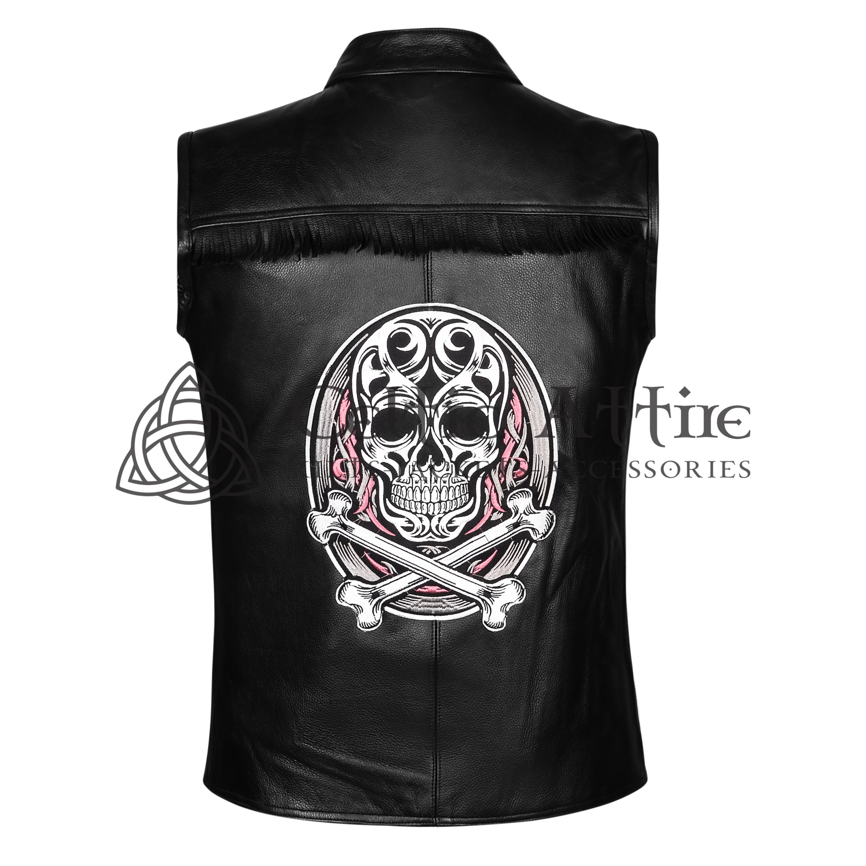 Black Leather Vest - Skull and Bones Gothic Vest - Premium Custom