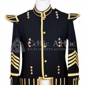 May include: A black military-style jacket with gold trim and buttons. The jacket has a high collar and a double-breasted closure. The sleeves have gold braid and the bottom of the jacket has a decorative fringe.